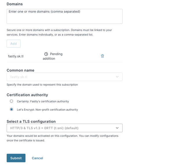 Registering a TLS certificate using Fastly
